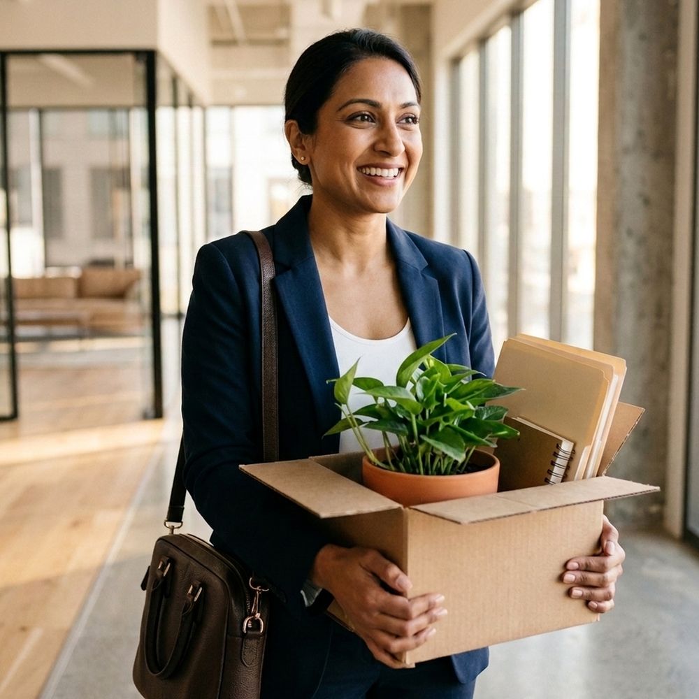 A smiling real estate agent walks into a bright new office carrying a box with a small plant, notebook, and file folders