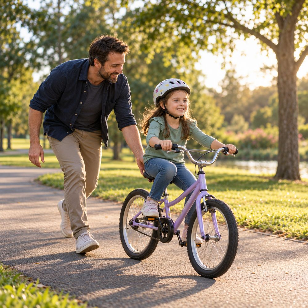 A father jogs alongside his daughter in a sunny park, one hand on her seat to steady her as she learns to ride her bike
