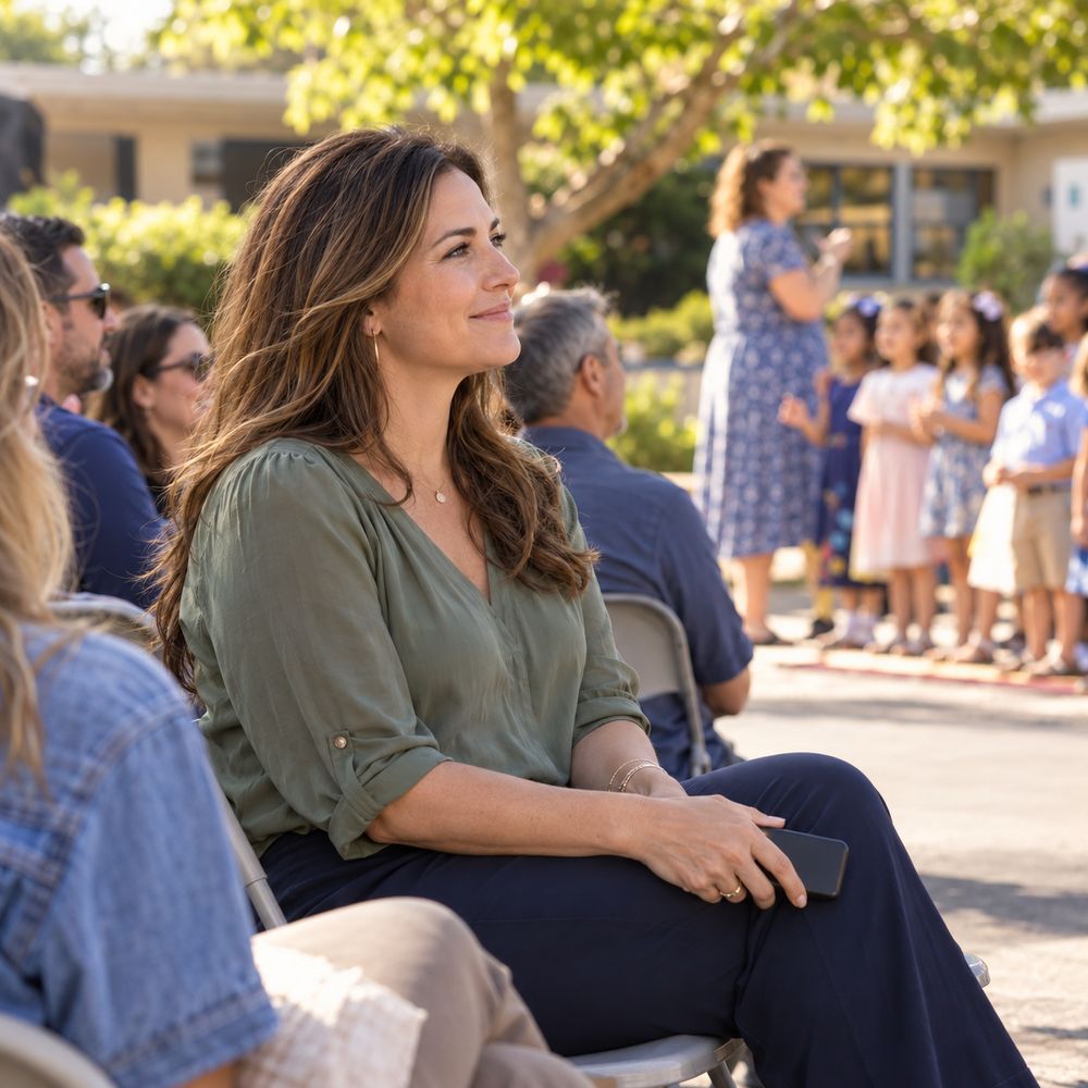 An agent sits in the audience at her child's outdoor school performance, watching with a warm smile, her phone resting untouched in her lap